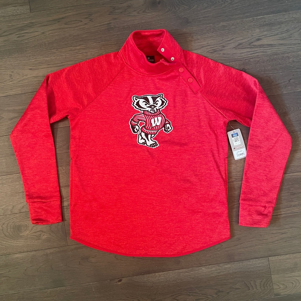 Womens Colosseum Sweatshirt Wisconsin Badgers Medium Snap Neck Pockets Red NWT M